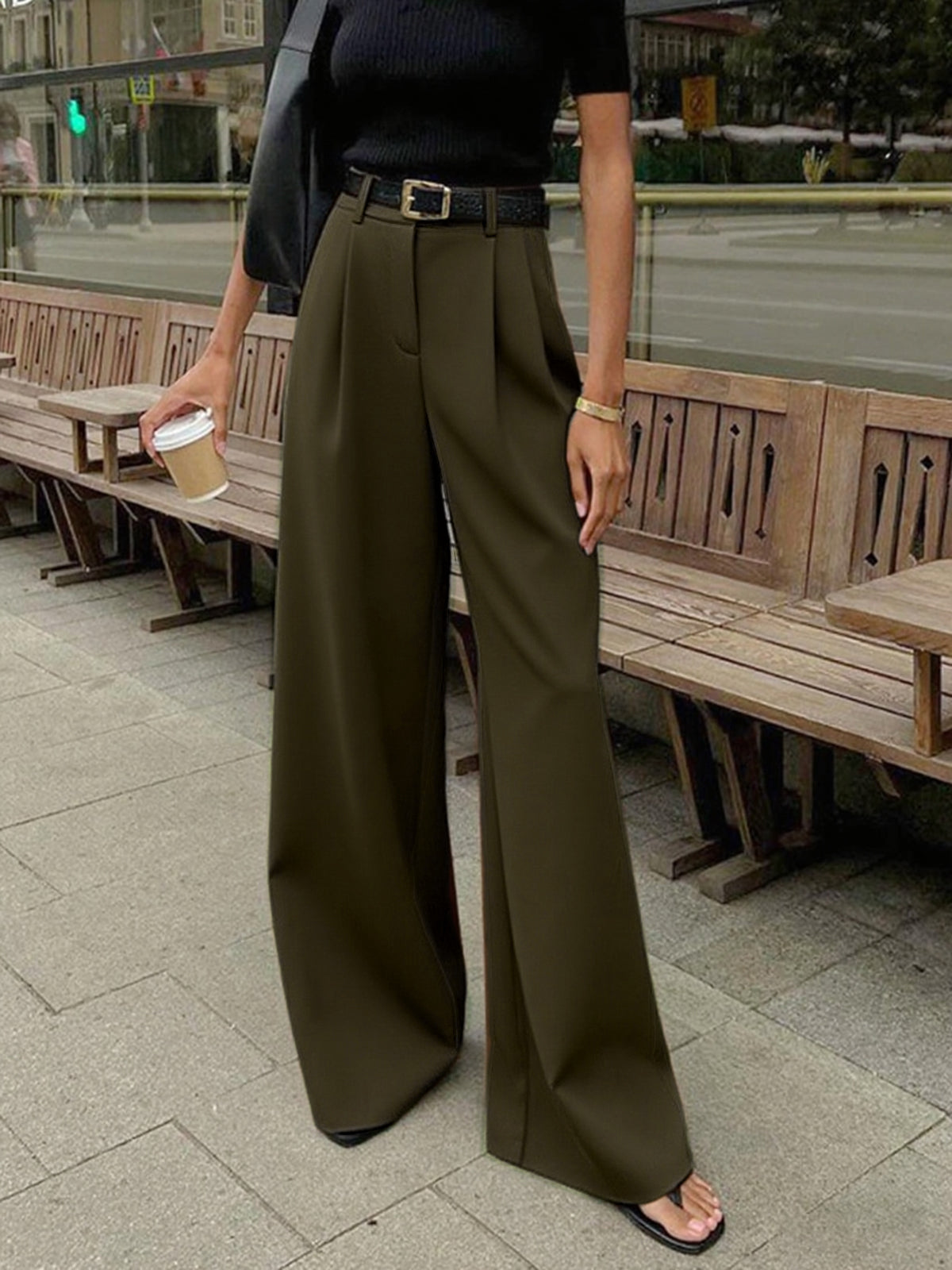 Solid Wide Leg Pants Without Belt