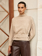 Wool Blend Mock Neck Belted Sweater