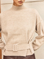 Wool Blend Mock Neck Belted Sweater