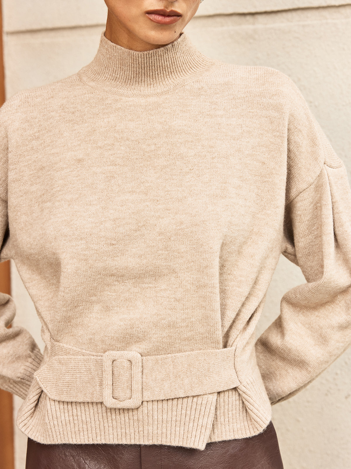 Wool Blend Mock Neck Belted Sweater
