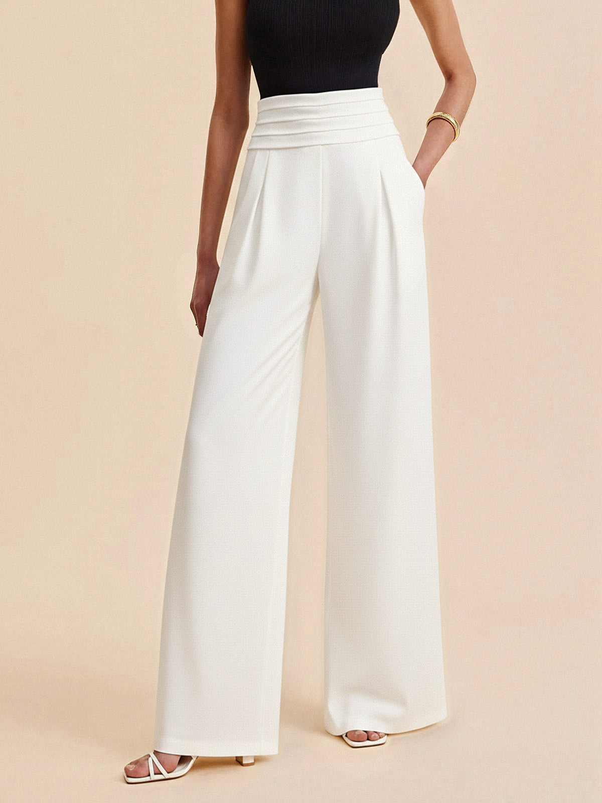 High-Waist Pleated-Waistband Wide-Leg Pants