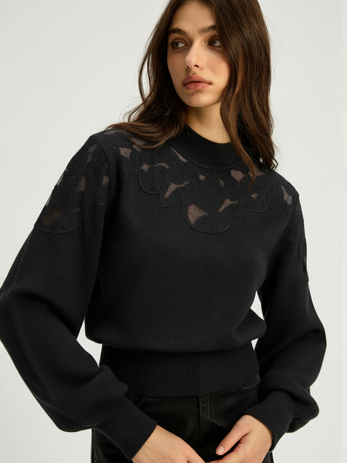 Mock Neck Lace Panel Sweater